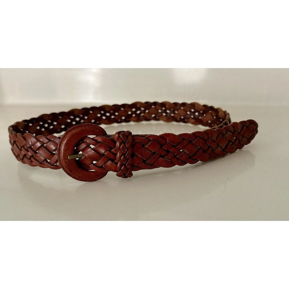 VTG 1980s 90’s Bass&Co? Boho Brown Leather Woven Braided Belt Women’s Large 1.5” - Picture 9 of 10